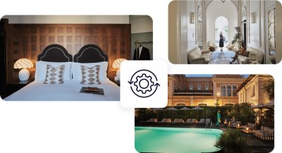 A triptych featuring images of hotel rooms with an icon of a gear overlaid on top 