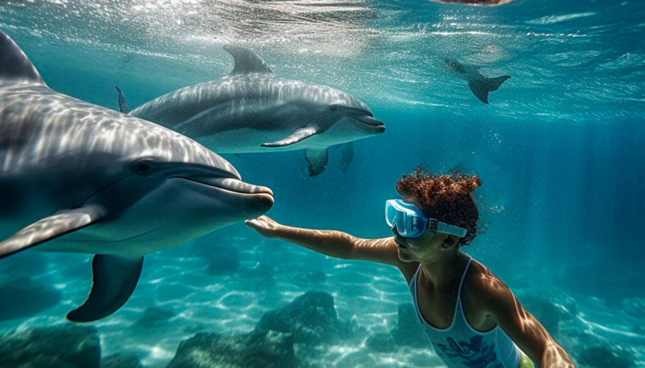 A child underwater snorkeling with dolphins