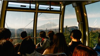 A group of people viewing Mount Fuji through the window of a mountain top gondola.