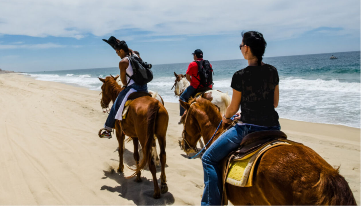 Grupo de pessoas andando a cavalo na praia