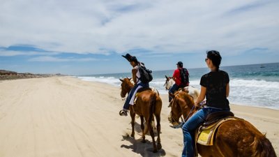 Gruppo di persone a cavallo in spiaggia