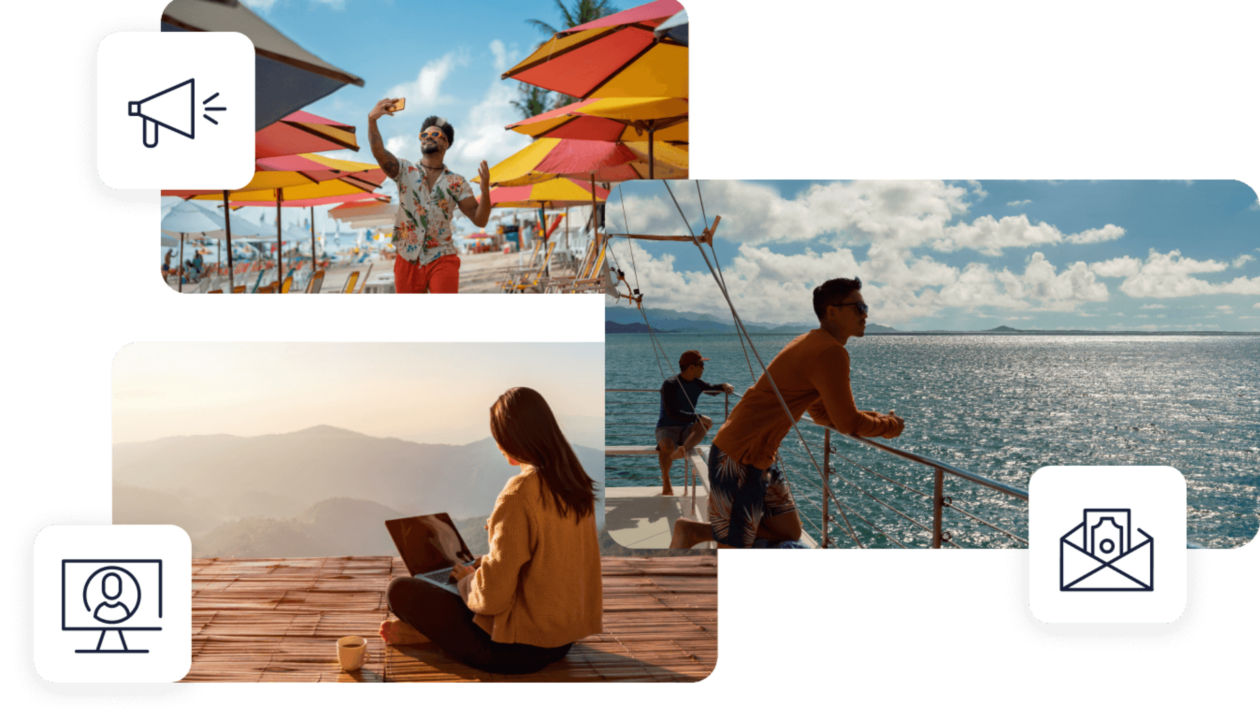 A triptych style photo collage a people enjoying travel 