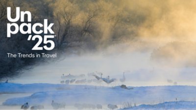  La foto di un panorama nebbioso con un grande stormo di uccelli vicino a un fiume con  le parole "Unpack25 The Trends in Travel" in sovraimpressione