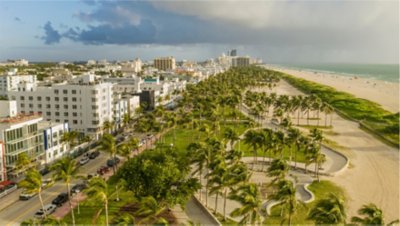 Miami Beach aerial view with palm trees and cloudy sky.